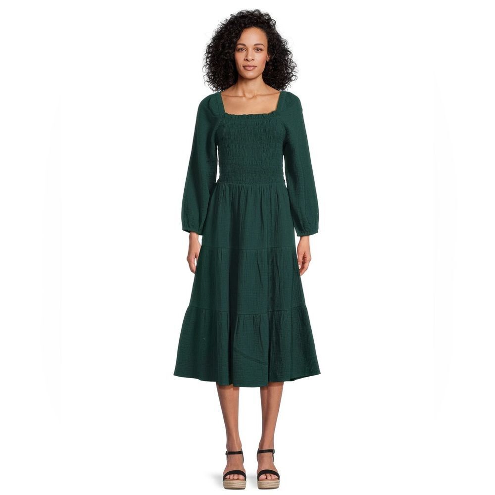 Beach lunch lounge Green cotton gauze long sleeve tiered boho beach Midi Dress